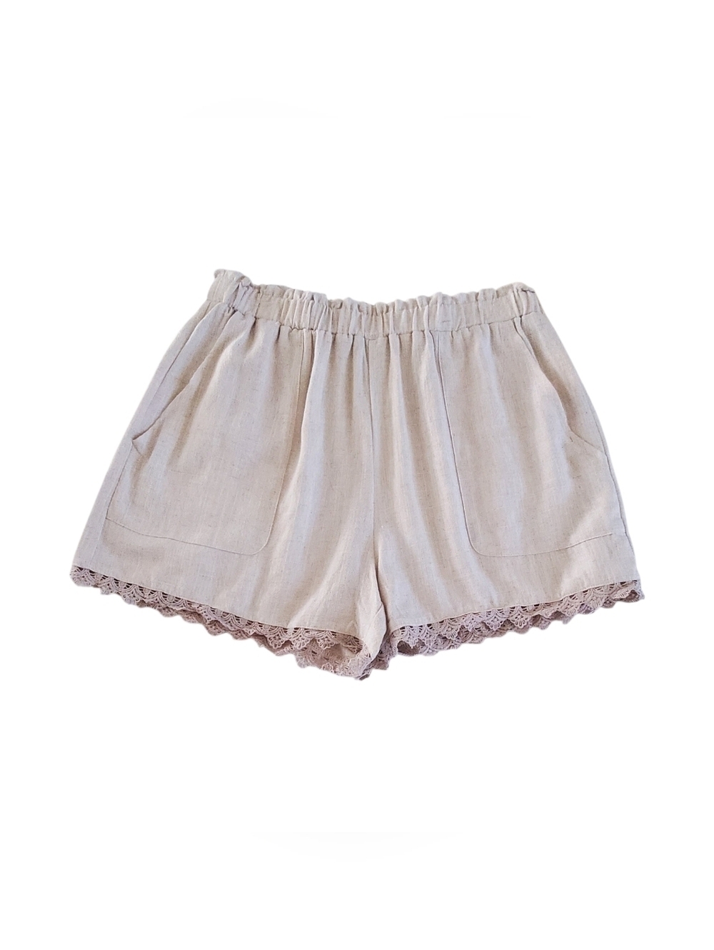 Emery Rose Linen Shorts Oatmeal Paperbag Waist 4" Inseam Lace Trim Size XL NWT